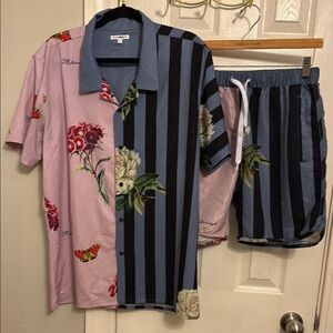 SHEIN Multicolor Floral and Stripe Shirt and Shorts Set #227